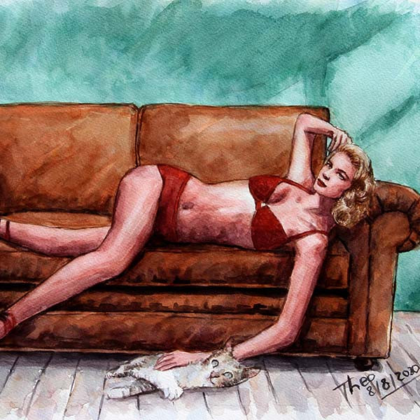 watercolour study boudoir painting Lady On The Sofa by Theo Michael