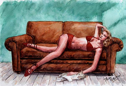 watercolour sketch boudoir painting Lady On The Sofa by Theo Michael