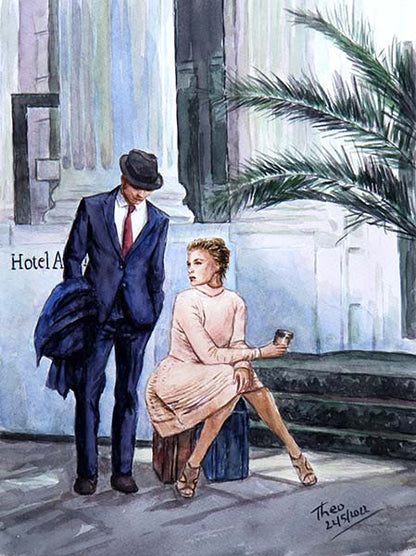 watercolour painting Atlantic Hotel features a couple outside the hotel waiting for their taxi by Theo Michael