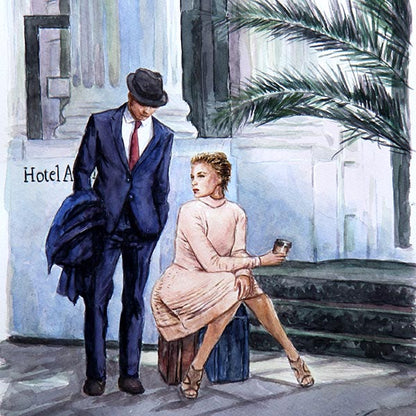 watercolour painting Atlantic Hotel Waiting For The Taxi features a couple outside the hotel waiting for their ride by Theo Michael