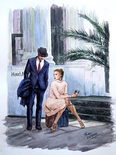 watercolour painting Atlantic Hotel Waiting For The Taxi features a couple outside the hotel waiting for their taxi, a painting by Theo Michael