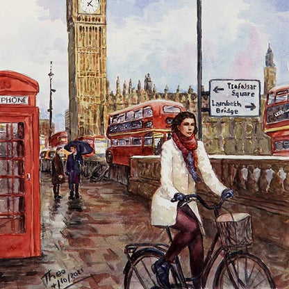 watercolour painting, detail of a London street scene with Big Ben in the background by Theo Michael
