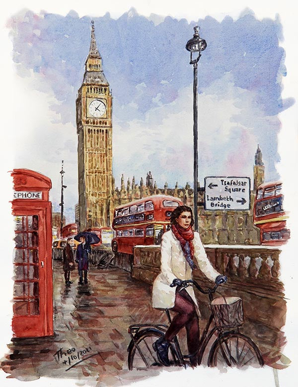 watercolour painting, London street scene with Big Ben in the background by Theo Michael