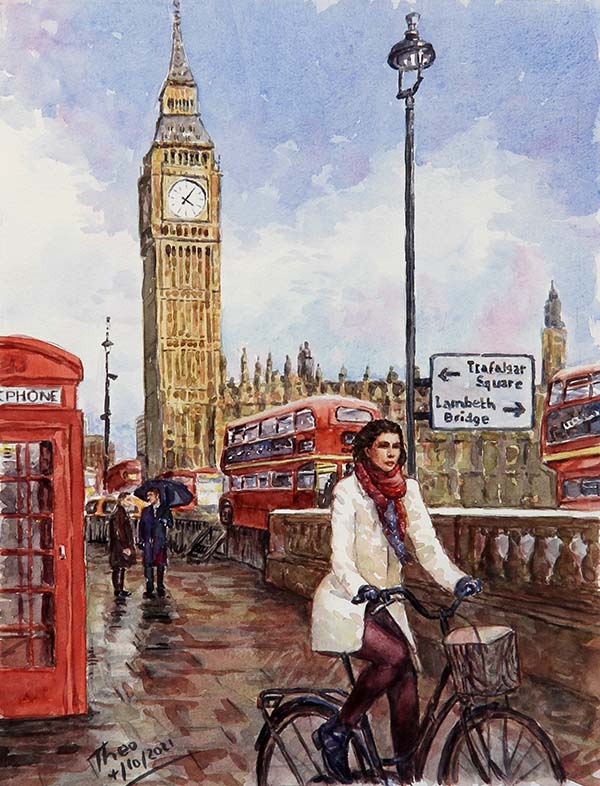 watercolour painting, London street scene with Big Ben in the background by Theo Michael