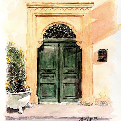 watercolour painting, green door in Cyprus by Theo Michael