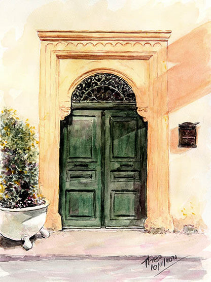 watercolour painting, Mediterranean green door  by Theo Michael