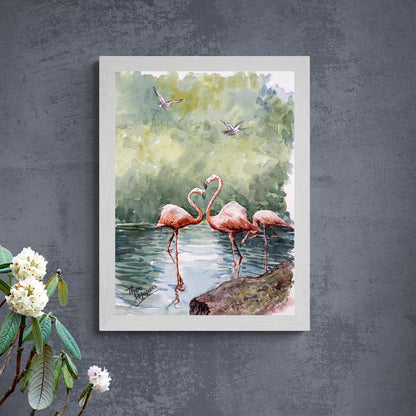 Flamingo watercolour painting by Theo Michael, Oroklini Lake Larnaca Cyprus