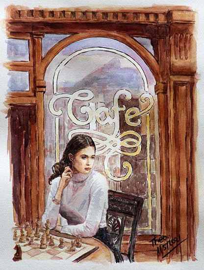 watercolour painting girl at the cafe playing chess by Theo Michael