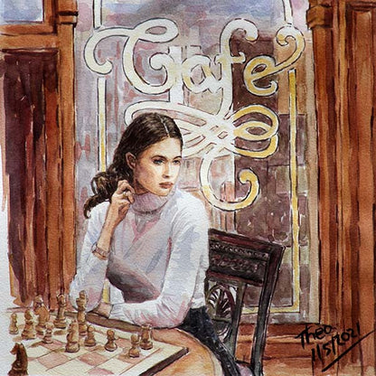 watercolour painting girl playing chess by Theo Michael