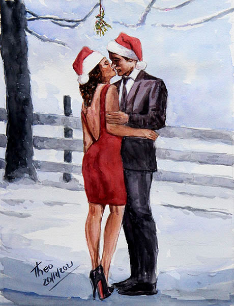 watercolour painting Kiss under mistletoe by Theo Michael