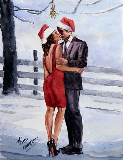 watercolour painting Kiss under mistletoe by Theo Michael