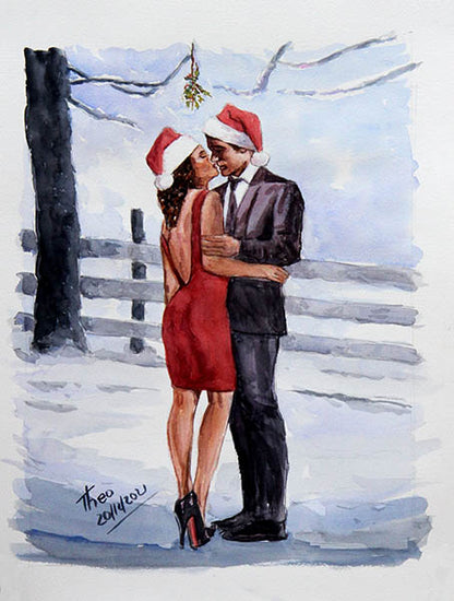 watercolour painting by theo michael The Kiss In The Snow