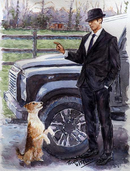 Watercolour painting, Man With Dog by Theo Michael