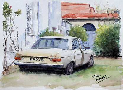 watercolour painting the volvo a classic car by Theo Michael