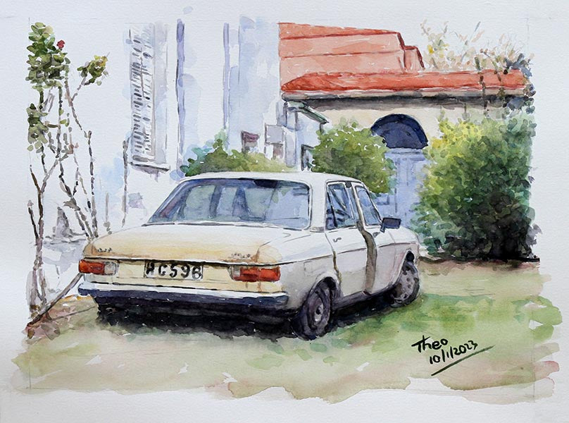 watercolour painting the volvo a classic car by Theo Michael