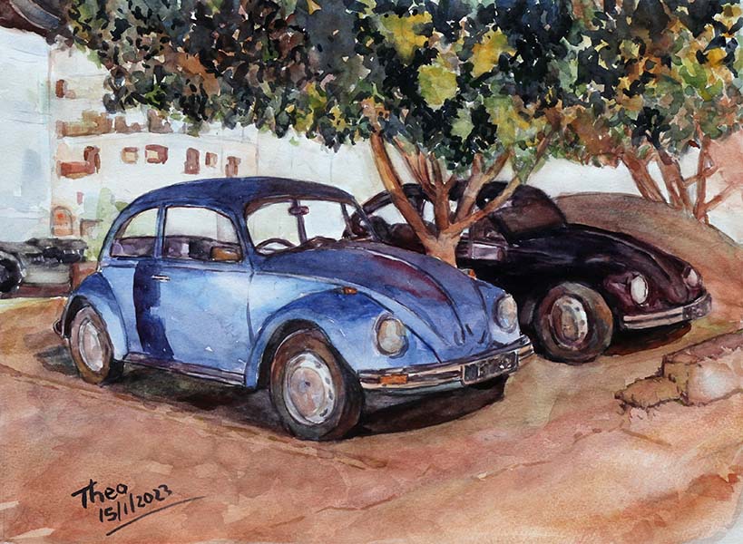 watercolour painting volkswagen beetle by Theo Michael