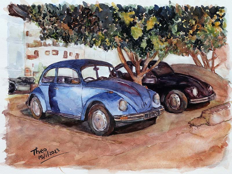 watercolour painting volkswagen beetle by Theo Michael