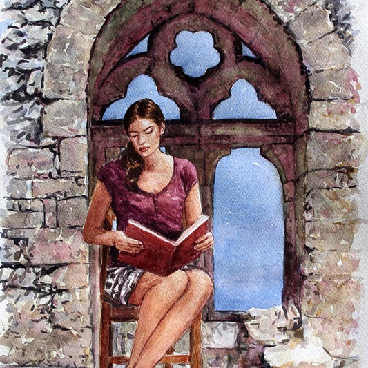 Watercolour painting, Bellapais Abbey, Cyprus traditions, The Reader