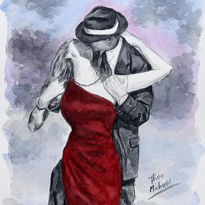 watercolour sketch The Kiss by Theo Michael