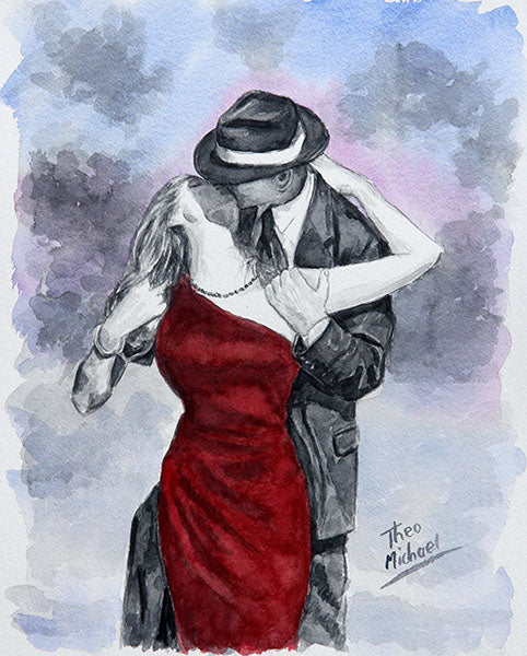 watercolour painting by Theo Michael The Kiss