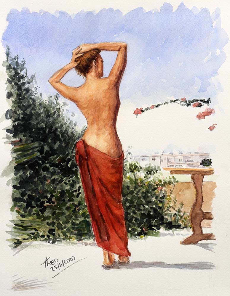 watercolour painting, The Muse in Cyprus by Theo Michael