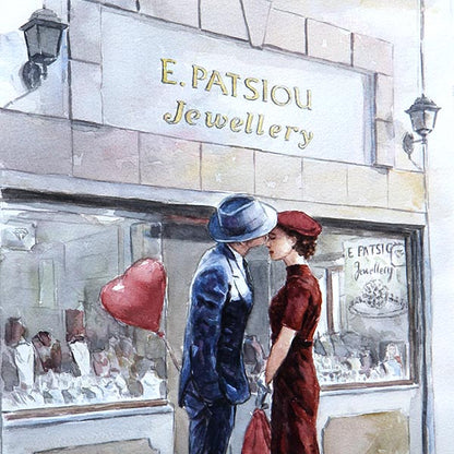watercolour painting Valentine's Day, picturing a young couple outside a jewellery store by Theo Michael, detail