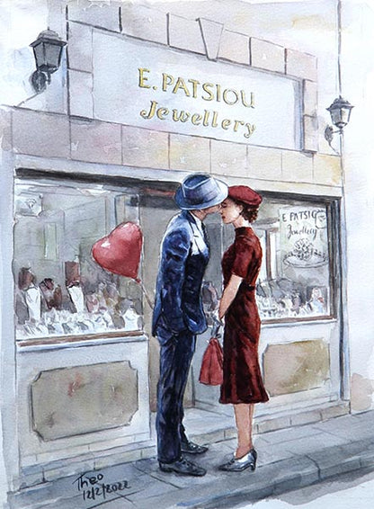 watercolour painting Valentine's Day by Theo Michael, picturing a young couple outside a jewellery store