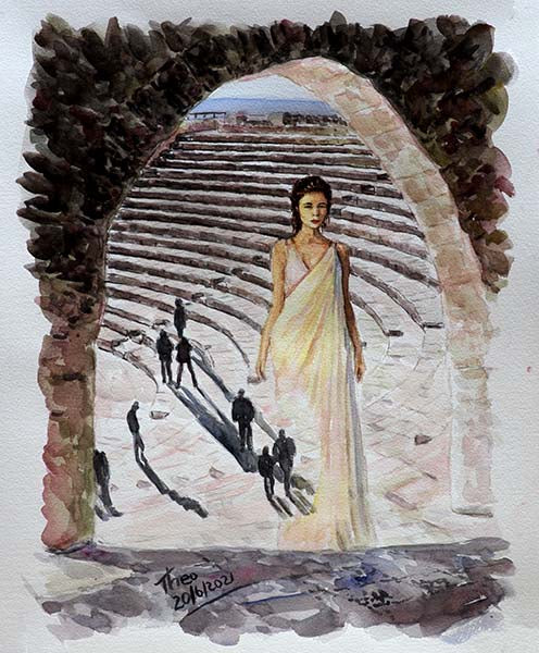 watercolour painting Amphitheatre Kourion in Cyprus by Theo Michael