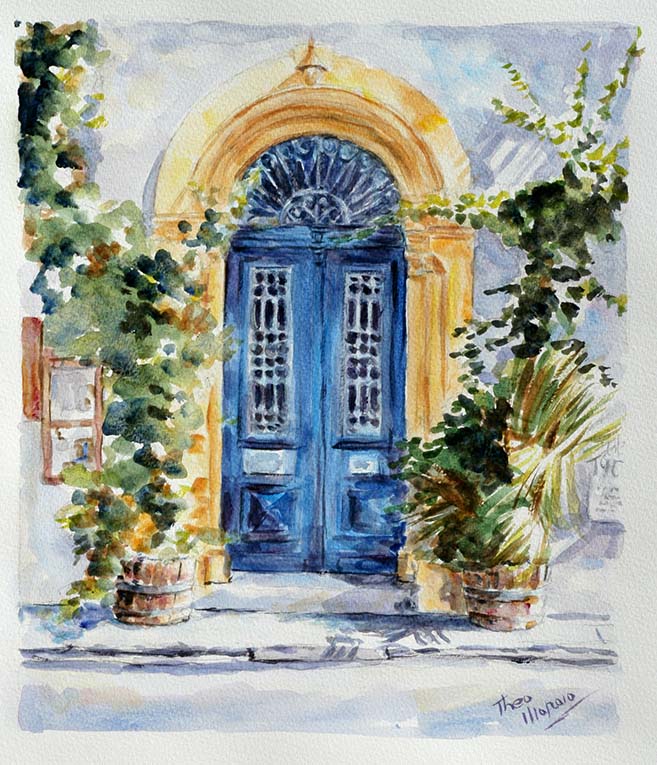 watercolour painting, Cyprus blue door by Theo Michael