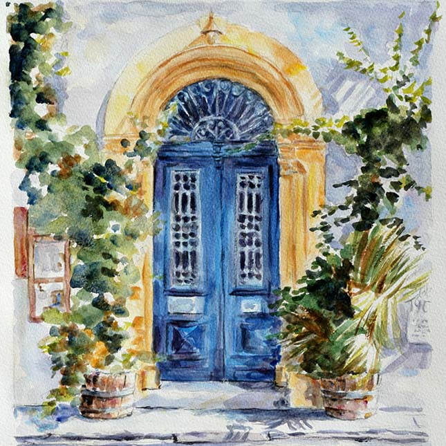watercolour study, Cyprus blue door by Theo Michael