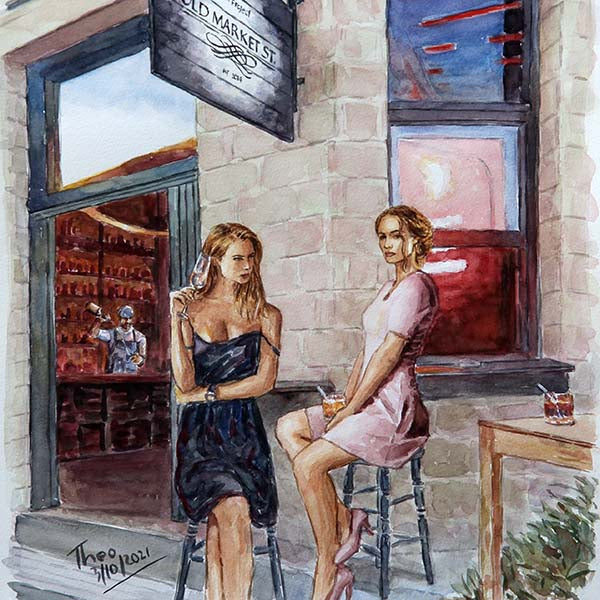 watercolour painting, Old Market Cocktail Bar in Larnaca by Theo Michael
