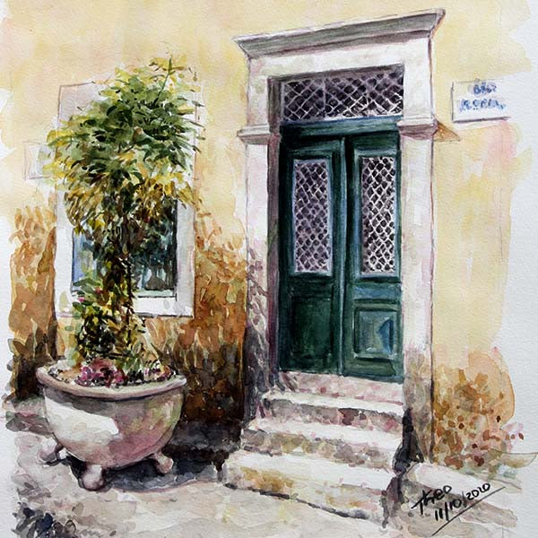 watercolour painting, green door in Cyprus by Theo Michael