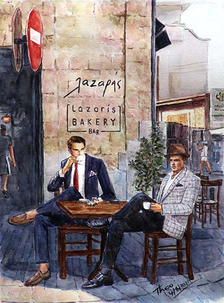 Watercolour study  Lazaris Bakery Bar in Larnaca by Theo Michael, The Coffee Break 