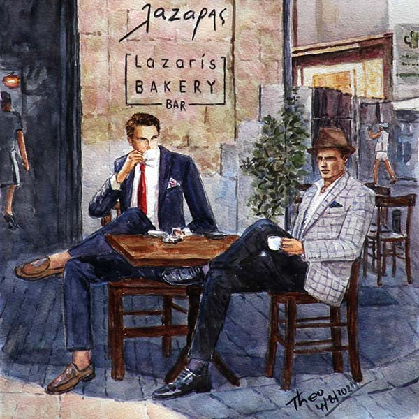 Watercolour painting  Lazaris Bakery Bar in Larnaca by Theo Michael, The Coffee Break 