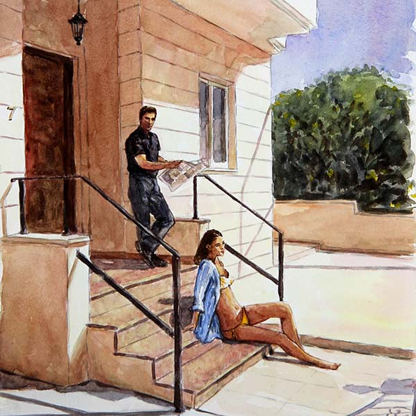 watercolour painting, edward hopper style painting of a couple enjoying a  sunny moment on the doorsteps of their house, Lazy Afternoon  by Theo Michael