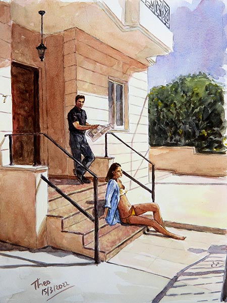 watercolour painting  Lazy Afternoon  by Theo Michael, an edward hopper style painting of a couple enjoying a  sunny moment on the doorsteps of their house
