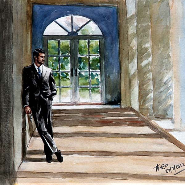 watercolour painting man in suit with arches and columns by Theo Michael