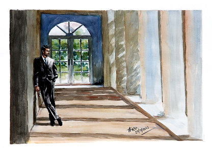 watercolour painting man in suit with arches and columns by Theo Michael