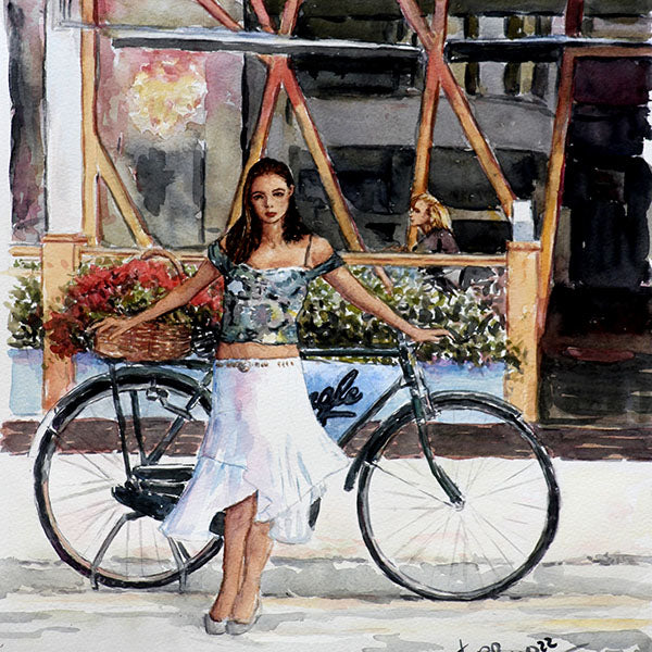 watercolour painting girl with bicycle outside the mingle cafe in larnaca by theo michael