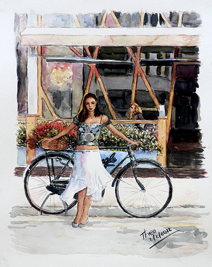 watercolour painting girl with bicycle outside the mingle cafe in larnaca by theo michael