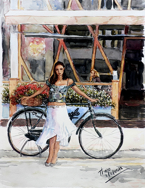 watercolour painting girl with bicycle outside the mingle cafe in larnaca by theo michael