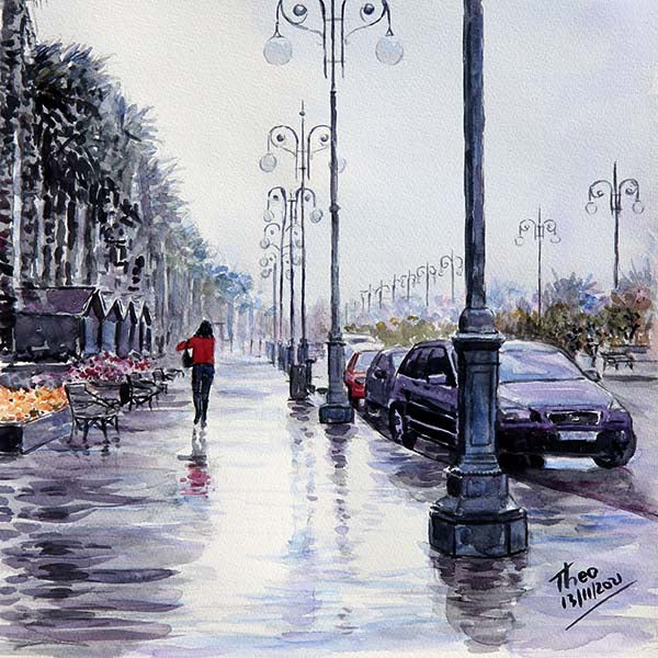 painting rainy street, Palm Tree promenade in Larnaca just after the rain by Theo Michael