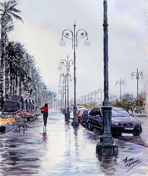 watercolour painting rainy street, Palm Tree promenade in Larnaca just after the rain by Theo Michael