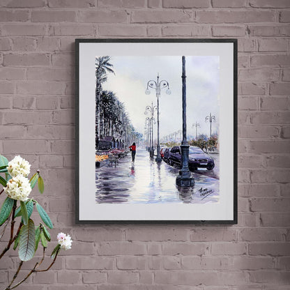 watercolour painting rainy street, Palm Tree promenade in Larnaca Cyprus just after the rain by Theo Michael