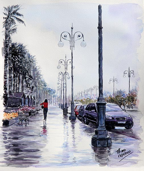 painting rainy street, Palm Tree promenade Finikoudes Larnaca just after the rain by Theo Michael