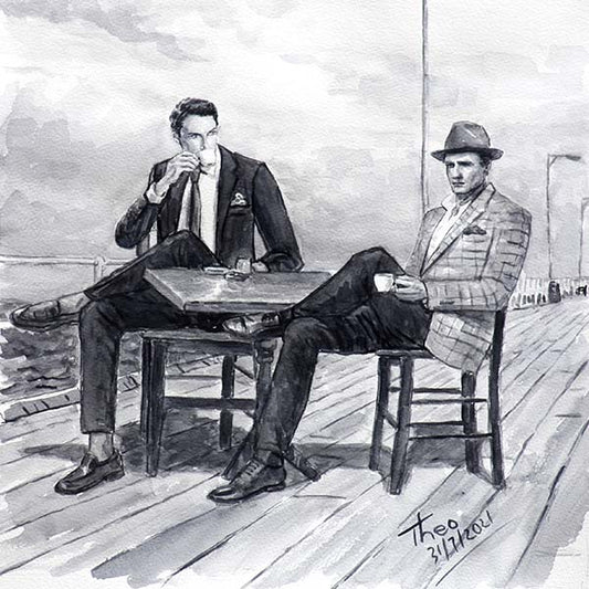 watercolour sketch the coffee break by Theo Michael featuring Larnaca Marina