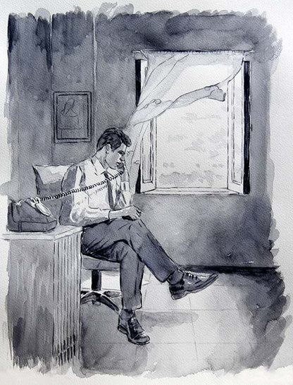 Watercolour sketch by Theo Michael showing a man making a phone call on an antique Bakelite telephone