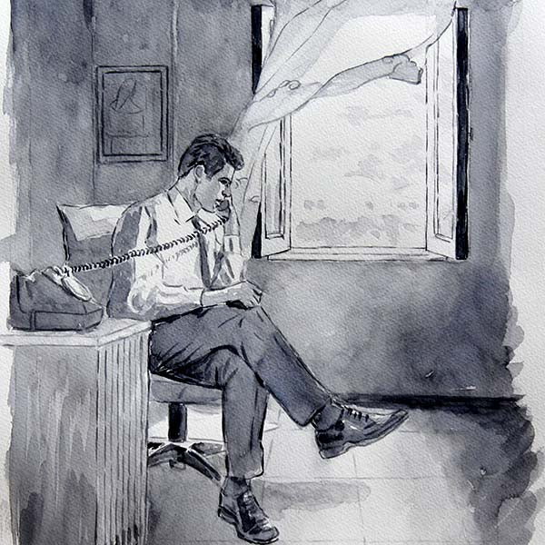 Watercolour sketch by Theo Michael showing a man making a phone call on an antique Bakelite telephone