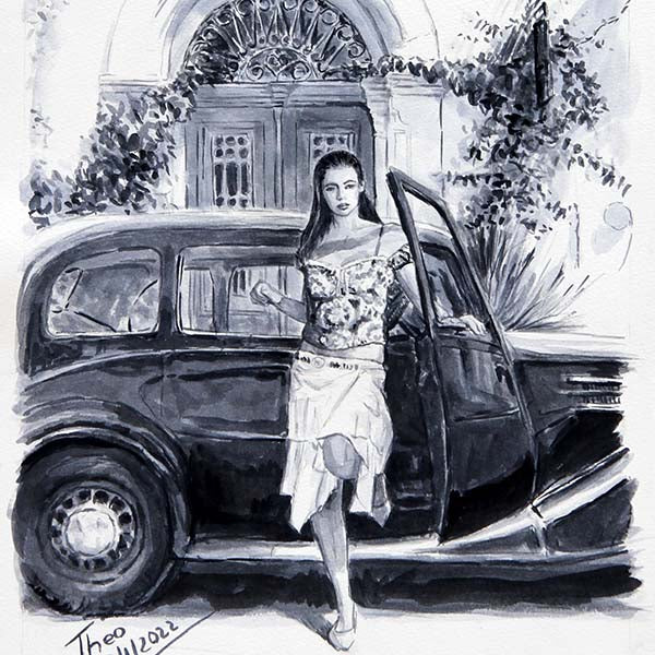 Watercolour sketch of a girl with classic car outside  the art cafe 1900 in Larnaca, a watercolour painting by Theo Michael