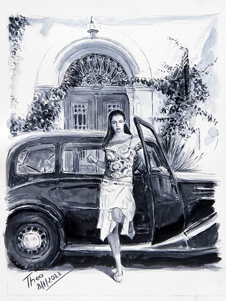 Watercolour sketch of a girl with classic car outside the art cafe 1900 in Larnaca, a watercolour painting by Theo Michael